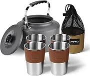 Camping Kettle for Open Fire 2L Camp Kettle + 4 * 360ML Stainl Steel Cups with Heat- Covers and Cup Bag Mesh Bag for Adventures