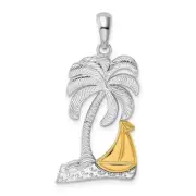 Sterling Silver Polished Palm Tree w/14K Yellow Gold Sailboat Pendant