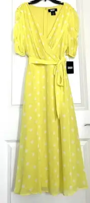DKNY POLKA DOT A-LINE CHIFFON MIDI DRESS, YELLOW/ WHITE, SIZE 14 NWT