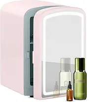 Mini Refrigerator, Portable Small Refrigerator 4l/6 Can Cooler And Warmer Compact Refrigerator With Dimmable LED Light Mirror For Skin Care, Food And Drink, Small Car Refrigerator,Pink