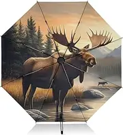 [PDZRMY] Moose Landscape UV Protection Travel Umbrella Compact for Rain and Sun - Auto Open and Close UPF 50+ Windproof Portable 46” Sun Umbrella for Women and Men