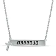 Natural Diamond Accent "BLESSED" Bar and Cross Charm Necklace in Sterling Silver - 17"
