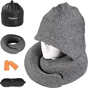 Vzpeun Travel Pillow - Hooded Neck Pillow Airplane, Memory Foam Pillow for Plane, Office, Cars Sleeping, Long Flight Must Haves, Road Trip Essentials Accessories for Adults (Dark Gray)