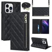 Zipper Crossbody Grid Leather Phone Case For iPhone 11 12 13 14 Pro Max XR X 7 8