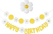 Daisy Happy Birthday Banner, Daisy Birthday Party Decorations with Daisy Balloon, Wildflower Birthday Banner, Smiley Face Banner, for Boho Hippie Smiley Face Party Baby Shower Girl 1st Birthday Decorations