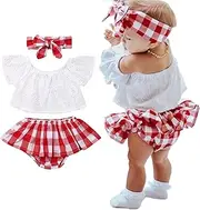 [LXXIASHI] 3PCS Baby Girl Summer Outfits Cold Shoulder Lace Crops Top + Plaid Skirts Bloomer Shorts + Headband Sets