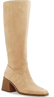 [Coutgo] Women's Knee High Boots Wide Calf Square Toe Chunky Heeled Pull-on Leather Boots