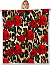 Leopard Print Fleece Throw Blanket Rose Flower Plush Blanket for Couch Bed Sofa Room Decor Red Floral Petal Pattern Sherpa Blanket Branches Green Leaf Cheetah Print Flannel Blanket Twin 60x80 Inch