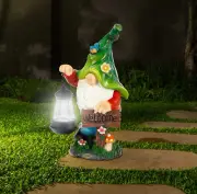 Garden Gnome Statue, Resin Figurine with Bright Solar Lantern Lights and Welcome