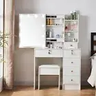Vanity Desk with Mirror & 10 LED Lights Makeup Dressing Table with Drawers Stool