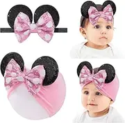 choicbaby Baby Girl Headbands Mouse Ears Headwrap with Sequin Polka Dot Bow Soft Stretchy Nylon Hair Bands for Newborn Infant Baby Toddler Girls- Pack of 2