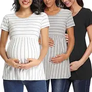 [Liu & Qu] Women's Maternity Shirts 3 Pack Short Sleeve Side Ruched Stretchy Round Neck Pregnancy Tops