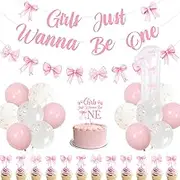 Funmemoir Pink Bow 1st Birthday Party Decorations Girls Just Wanna Be One Banner Pink Bow Garland Pink Bow Birthday Cake and Cupcake Toppers for Girls Pink Bow Theme First Birthday Decorations