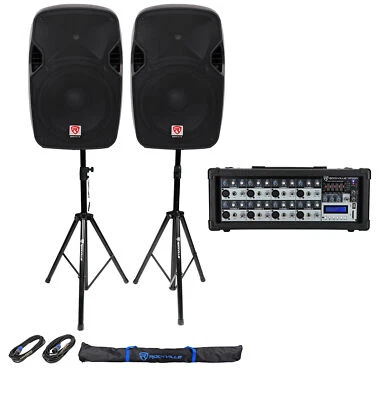 (2) Rockville 12" 2400 Watt DJ PA Speakers+Stands+Cables+Bag+Bluetooth Mixer