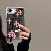 xoniery Compatible with iPhone 16e Case Cute Glossy Mirror Back Case,Pink Cross Pattern,Senior Shockproof Protection iPhone 16e Case for Women Girls