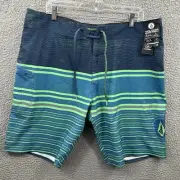 VOLCOM Boardshorts Mens 38 Blue Green Striped Lido Mod Tech Swimming Short New