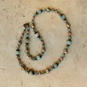 Victorian Amazonite Copper necklace freshwater pearls & Austrian crystals