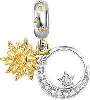 [QeenseKc] Gold Sum Moon Star Dangle Charm Celestial Amulet Bead for Pandora Bracelet, Metal, base