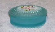 Vintage Fenton Dresser Box Blue Satin Glass Hand Painted - Light purple UV glow