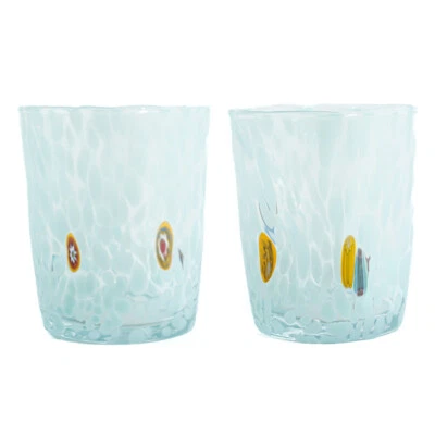 Pair of 2 Murano Glasses Drinking Art Tumbler Light Blue Handmade Millefiori