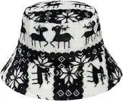 [VIEOAGEO] Christmas Winter Fluffy Fuzzy Bucket Hats for Women Warm Furry Fur Fisherman Cap Warm Deer Pattern Bucket Hat
