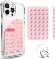 Suction Cup Phone Mount, Double Sided Silicone Suction Phone Case, Phone Sticky Grip for iPhone and Android, Hands-Free Fidget Toy Mirror Shower Phone Holder for Selfies and Videos (Light Pink)