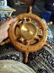 Vtg Ship’s Clock Wood Steering Wheel Frame 12 / 24 Hr Time Gold Finish VG