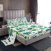 Dinosaur Bedding Set Full Kids Cute Dino Construction Sheet Set Boys Girls Cartoon Equipment Trucks Excavator Decor Bed Sheets Microfiber Dinosaurs Machinery Cars Sheets Set Green Bedroom Bed Set