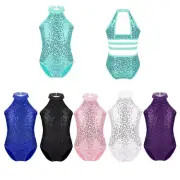 Kids Sparkly Sequins Ballet Dance Leotard Girls Halter Jumpsuit Bodysuit Unitard