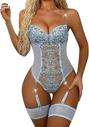 [Generic] Sexy Nighties for Women Christmas Women's Sexy Street Seaside Lace Flower Embroidery Versatile Slim Fit Jumpsuit Can Be Wearable Outside Mini Skirts for Women Sexy Lingerie (Light Blue #4, M)