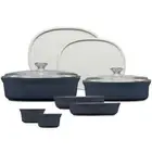 10 Piece Oven Safe Navy Blue Oval Bakeware Set With Baking Glass Lids Dish Rack