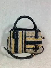 NEW Tory Burch Black/Natural Linen Stripe McGraw Mini Satchel - $378