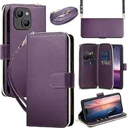 GoshukunTech for iPhone 15 Case Wallet Leather, for iPhone 15 Flip Case Wallet Cover Kickstand Zipper Purse 9 Card Holder with Wristlet Strap Crossbody Lanyard-Dark Purple