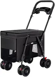 Pet Stroller Dog Stroller Cat Stroller Foldable Pet Stroller with 4 Wheels Portable Dog Stroller with Cup Holder Cat Stroller for Medium Large Dogs Cats Dog Pram Dog Cat(Color:Black)
