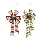 Metal Striped Candy Bow Holiday Decor Christmas Hanging Wall Decoration Set of 2