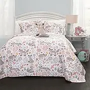 Lush Decor 16T000854 4 Piece Pixie Fox Quilt Set, Full/Queen, Gray/Pink