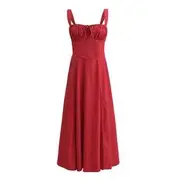 Sleeveless Square Neck Plain Midi A-Line Dress Red - M
