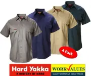 HARD YAKKA -PACK OF 4- MENS SHORT SLEEVE OPEN FRONT COTTON DRILL SHIRTS - Y07510