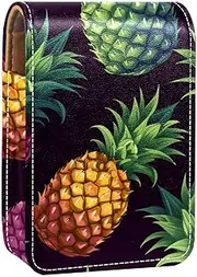 Lipstick Case,Leather Lip Gloss Lipstick Organizer with Mirror,Mini Lipstick Holder Bag,Brown Background Pineapple