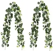 Eucalyptus Garland with White Flowers, 2 Packs 180cm Silver Dollar Eucalyptus Vines for Wedding Party Mantle Table Runner