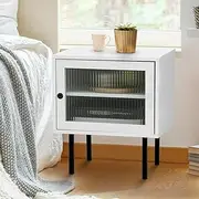 Oikiture White Bed Side Table with 2 Shelves and Display Door
