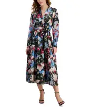 Anne Klein Women's Tiered Midi Dress (Black/Amaranth Multi, XX-Large)