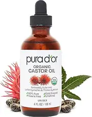 [PURA D'OR] Organic Castor Oil (4oz + 2 BONUS Pre-Filled Eyelash & Eyebrow Brushes) 100% Pure, Cold Pressed, Hexane Free Growth Serum For Fuller, Thicker Lashes & Brows, Moisturizes & Cleanses Skin