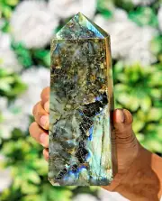Large 175MM Flashy Green Labradorite Stone Chakra Metaphysical Point Tower