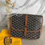 二手精品 GOYARD 戈雅 BELVEDERE系列 帆布拼皮 中號 大容量 郵差包 斜背包 棕色 實拍+實拍