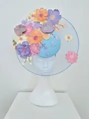 Miss Whimsical. Womens Light Blue percher headband fascinator w 3d floral lace
