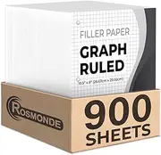 Rosmonde Loose Leaf Paper, 900 Sheets, 6 Pack, 56 gsm Quad Ruled Sheets, 8" x 10.5", Bulk Notebook Paper, 3 Hole Punched, 150 Sheets/Pack, Graph Ruled Filler Paper for Binders, Loose Leaf Paper, White