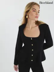 River Island Black Peplum Button Front Blazer (F40337) | $159