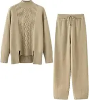 [HEYDHSDC] Women Crew Neck Two Piece Knit Sweater Tracksuit Warm Casual Wide Leg Pants Set