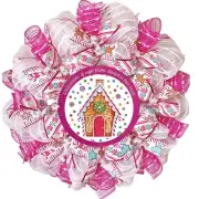 Pink Gingerbread Sugar Plum House Christmas Wreath Handmade Deco Mesh